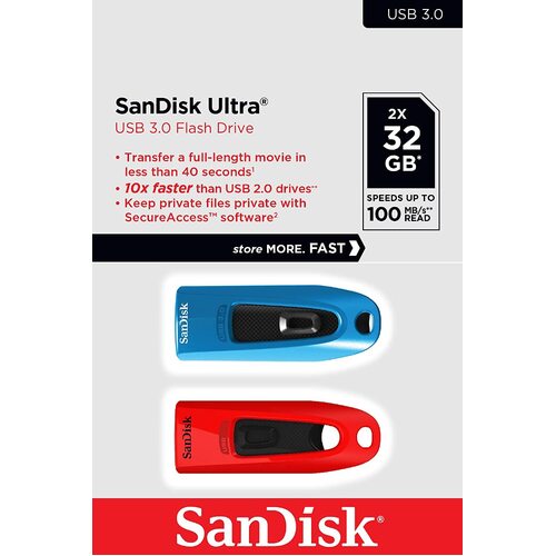 SanDisk  32GB Ultra USB 3.0 Flash Drive CZ48  USB3.0 Dual Pack Blue Red stylish sleek design
